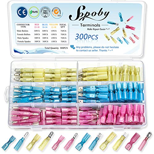 300PCS Heat Shrink Connectors - Sopoby Heat Shrink Spade Connectors & Bullet Connectors - Female Male Wire Connectors Electrical Terminals Crimp Connector Kit