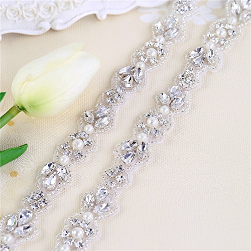 Rhinestone Applique for Bridal Belt Sash with Crystals and Pearls-Hot Fix or Sew on-1 Yard