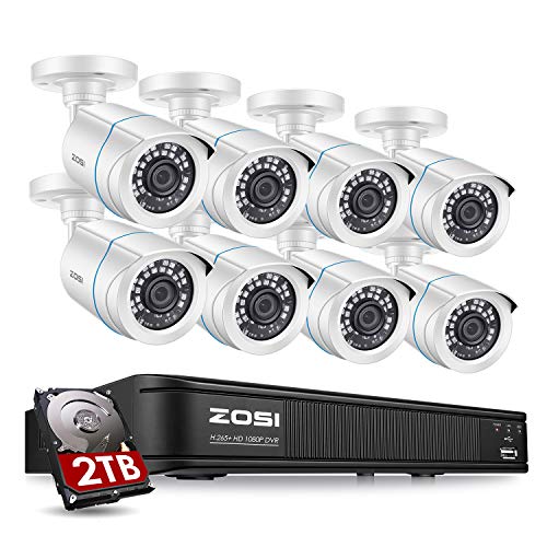 ZOSI Full 1080p Security Camera System for Home,H.265+ CCTV DVR 8 Channel with Hard Drive 2TB and 8 x 1080p Surveillance Bullet Camera Outdoor with 80ft Night Vision,Remote Access,Motion Detection