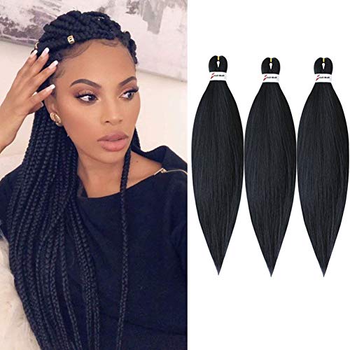 Pre-stretched Braiding Hair 26 Inch 3 Packs/Lot EZ Braids Hair Professional Itch Free Hot Water Setting Synthetic Fiber Crochet Braiding Hair Extension(1B)