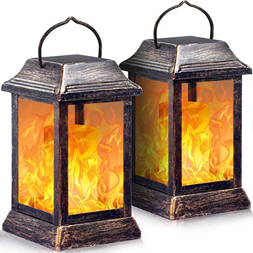 TomCare Solar lights Metal Flickering Flame Solar Lantern Outdoor Hanging Lanterns Lighting Heavy Duty Solar Powered Waterproof Umbrella LED Flame Lights for Garden Patio Pathway Deck Yard, 2 Pack