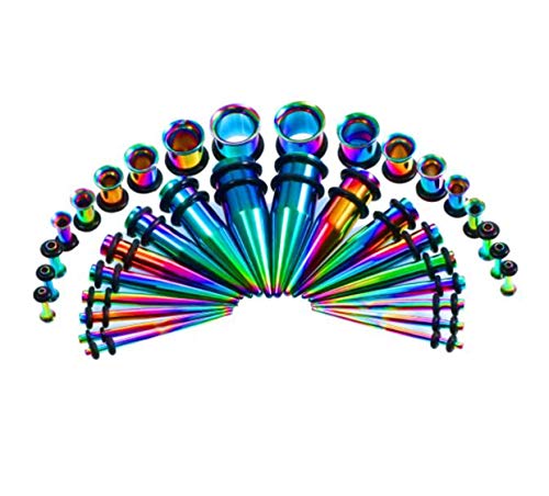 36PCS Ear Gauge Stretching Kit Stainless Steel Tapers and Plugs Set Eyelet 14G-00G Body Piercing Jewelry (Rainbow)
