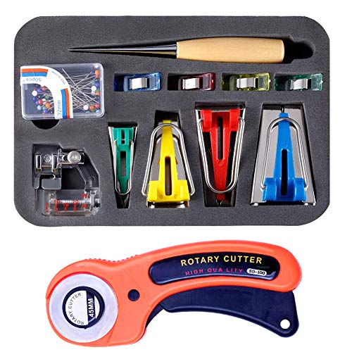 Bias Tape Makers Set - Sewing Fabric Bias Tape Making Kit, Bias Tape Maker Tool 4 Sizes with Binder Foot, Quilting Clips, Awl and Fabric Cutter for Patchwork Sewing Quilting Binding