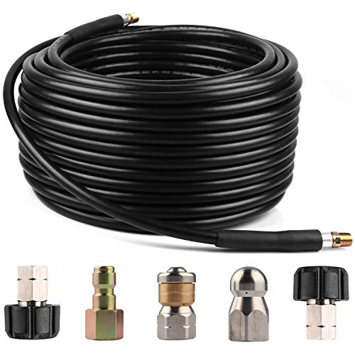 BCBUSY Sewer Jetter Kit for Pressure Washer, 1/4 Inch MNPT x 100 FT Drain Cleaning Hose, Power Washer Hose, Button Nose and Rotating Sewer Jetting Nozzle, Orifice 4.0, 5,800 PSI