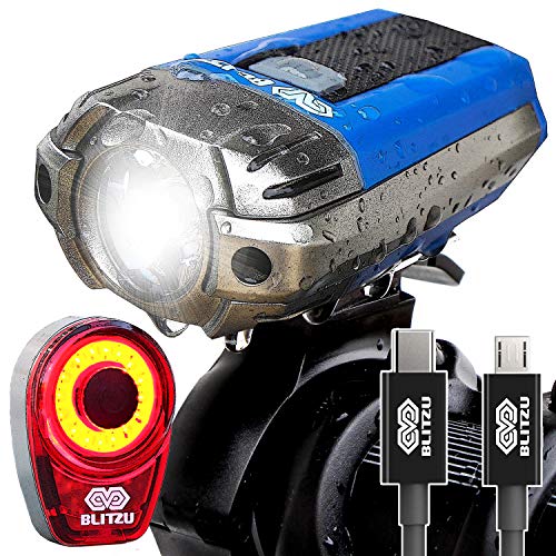 BLITZU Gator 390 USB Rechargeable LED Bike Light Set, Bicycle Headlight Front & Free Rear Back Tail Light. Waterproof, Easy to Install for Kids Men Women Road Cycling Safety Commuter Flashlight Blue