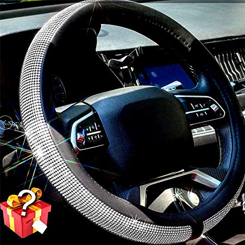 Valleycomfy Diamond Crystal Steering Wheel Cover for Women Girls- Bling Bling Rhinestones Steering Wheel Cover with Universal Fit 15 Inch(White Diamond)