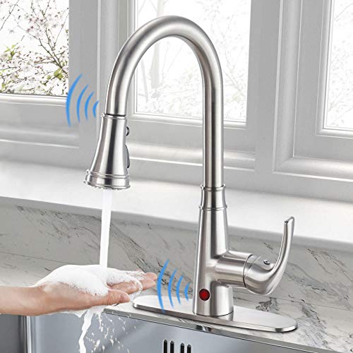 Cobbe Touchless Kitchen Faucet Single Handle Dual Induction Brushed Nickel Pull Down Kitchen Sink Faucet Motion Infrared Sensor Sink Faucet with 10” Deck Plate