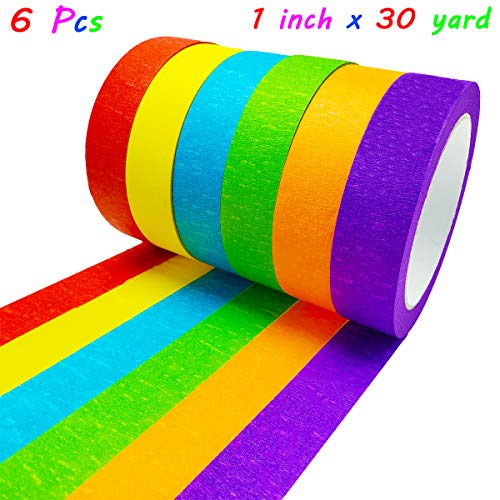 Tockrop Colored Masking Tapes 6 Jumbo Rolls 1 Inch x 30 Yards(24mm X 24.5m) Each, Colored Painters Tape for Arts & Crafts, Labeling or Coding - Art Supplies for Kids - 6 Different Rainbow Color Rolls