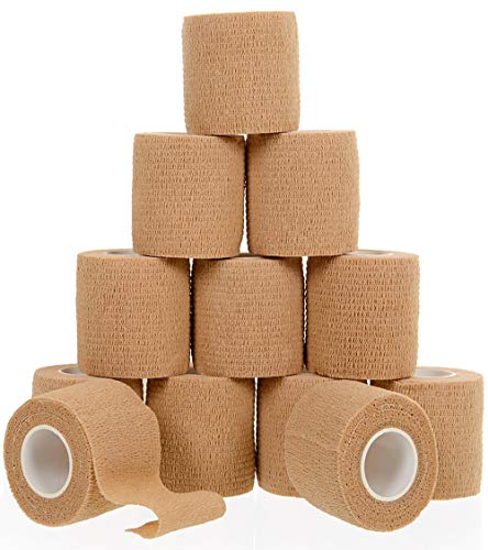Self Adherent Cohesive Wrap Bandages (12 Pack Bundle) - 2” Wide, 5 Yards All Sports Athletic Tape | Brown Non-Woven Bandage | Breathable Wound Tape | Medical Stretch, Cover All Tape