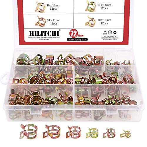 Hilitchi 72 pcs Spring Band Type Action Fuel/Silicone Vacuum Hose Pipe Clamp Low Pressure Air Clip Clamp (10 x 7mm 10mm 11mm 14mm 16mm 17mm)