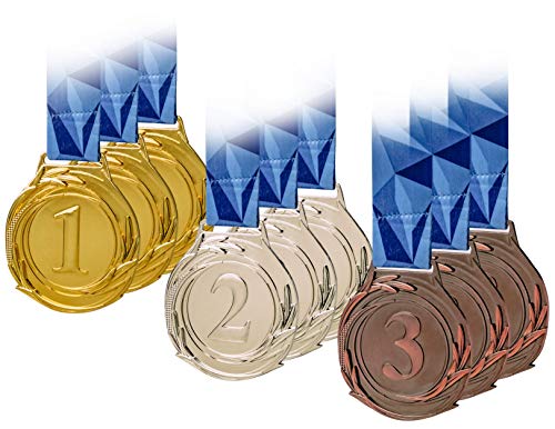 9 Piece Award Medals Set, Olympic Style Medal, Gold Silver Bronze. Made of Strong Premium Metal with V Neck Ribbon - Prize for Events, Classrooms, Office Games and Sports, 1st 2nd 3rd Place