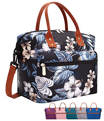 Leakproof Insulated Lunch Tote Bag with Adjustable & Removable Shoulder Strap, Durable Reusable lunch Box Container for Women/Men/Kids/Picnic/Work/School-Black Lily