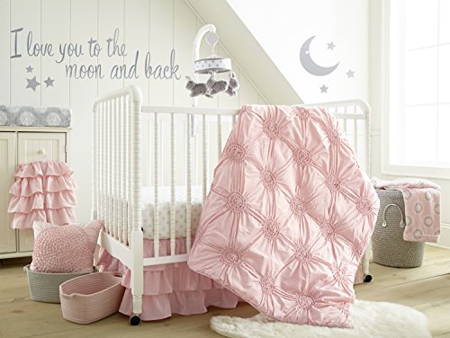 Levtex Baby - Willow Crib Bed Set - Baby Nursery Set - Pink - Soft Rosette Pintuck - 5 Piece Set Includes Quilt, Fitted Sheet, Diaper Stacker, Wall Decal & Crib Skirt/Dust Ruffle