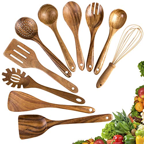 Wooden Cooking Utensils,10 Pack Kitchen Utensils Wooden Spoons for Cooking,Teak Wooden Cooking Spoons Spatula for Nonstick Cookware (10)