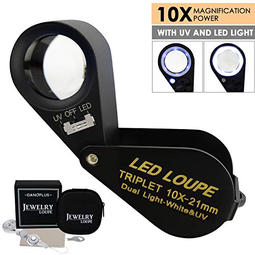 10x Magnifier Jewelry Loupe LED UV 21mm Achromatic Triplet Lens Optical Glass Pocket Gem Magnifying Tool Jeweler, Stamp Philatelist, Coin Numismatic