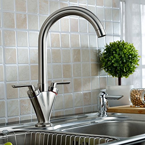 Inchant Brushed Nickel Kitchen Sink Mixer Tap Brass Fitting Hot & Cold Dual Lever, Hot and Cold Kitchen Monobloc Tap, Single Hole Swivel Spout Basin Faucet
