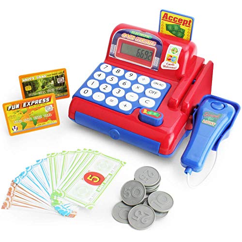 Boley Toy Cash Register with Scanner - Red and Blue Toddler Cash Register Toy for Kids with Real Calculator, Play Money, Credit Card Reader