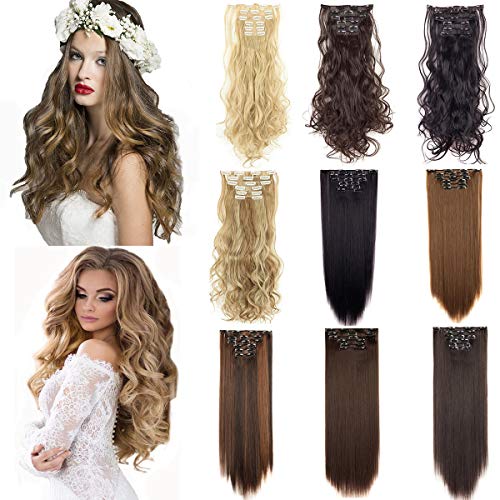 7Pcs 16 Clips Curly Straight Clip in Hair Extension Full Head Clip on Synthetic Hair Extension Thick Double Weft Hair Extensions Wavy Hairpieces for Women Fashion and Beauty
