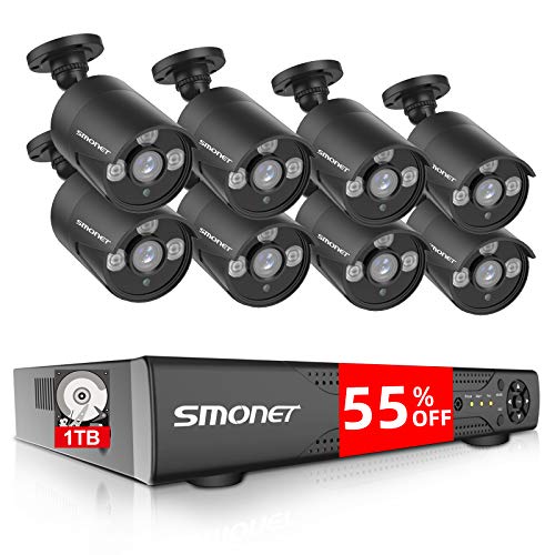 16CH Expandable SMONET Surveillance Camera Systems,5-in-1 5MP Security Camera System(1TB Hard Drive),8pcs 1080P Indoor Outdoor Home Security Cameras,DVR Kits for Easy Remote Monitoring,Night Vision