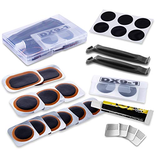 Bike Inner Tire Patch Repair Kit - with 11 PCS Vulcanizing Patches, 6 PCS Pre Glued Patchs, Portable Storage Box, Metal Rasp and Lever - Also for Motorcycle, BMX and Inflatable Rubber.