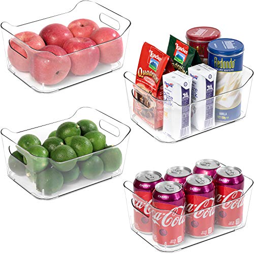 Refrigerator Organizer Bins - 4 Pack Plastic Food Organizer with Handle BPA Free Clear Storage Bins for Fridge, Freezer, Cabinet, Kitchen, Shelf, Table, Bathroom, Pantry Organization and Storage