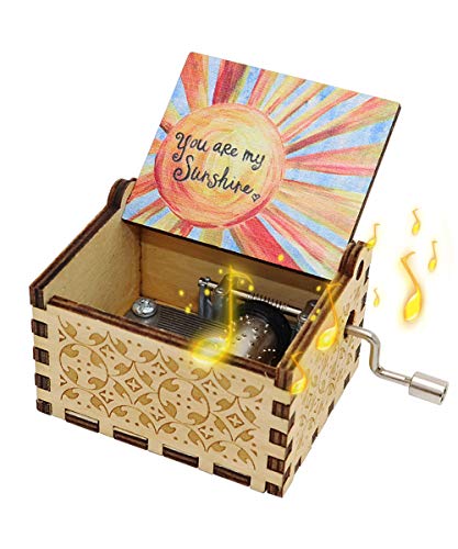 fezlens Music Box You are My Sunshine Wood Musical Box, Vintage Hand Crank Laser Engraved Cute Sunshine for Girls & Boys & Wife & Mom & Dad, Birthday/Valentine's Day/Christmas (Wood Color & Colorful)