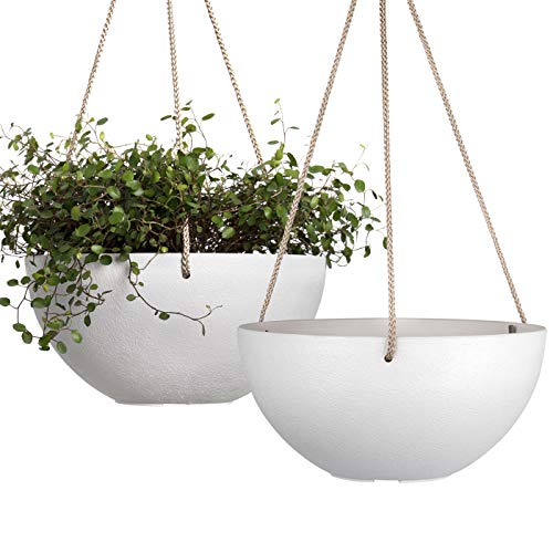 White Hanging Planter Basket - 10 Inch Indoor Outdoor Flower Pots, Plant Containers with Drainage Hole, Plant Pot for Hanging Plants, Pack 2