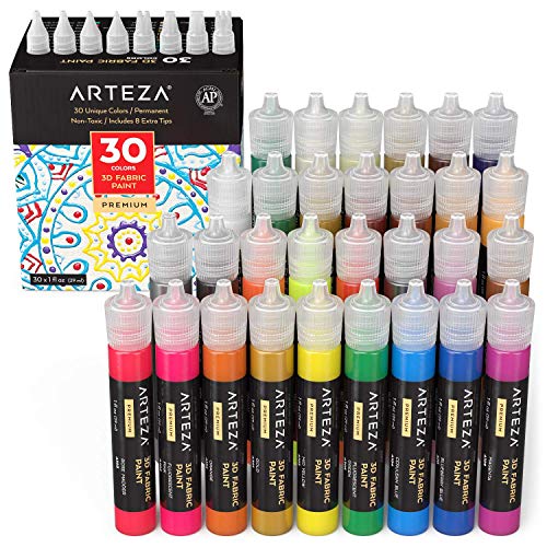 Arteza 3D Fabric Paint, Set of 30, Metallic & Glitter Colors, 1oz Tubes, Glow-in-The-Dark & Vibrant Shades, Textile Paint for Clothing, Accessories, Ceramic & Glass