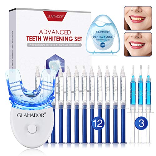 Teeth Whitening Kit with LED Light, GLAMADOR Professional Dental Teeth Whitener with 12pcs Whitening Gel, 3 Soothing Gel, Sensitive Direct Tooth Whitener Safet Use for Home and Travel