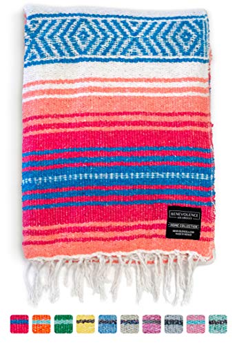 Mexican Blanket, Falsa Blanket | Authentic Hand Woven Blanket, Serape, Yoga Blanket | Perfect Beach Blanket, Navajo Blanket, Camping Blanket, Picnic Blanket, Saddle Blanket, Car Blanket (Coral)
