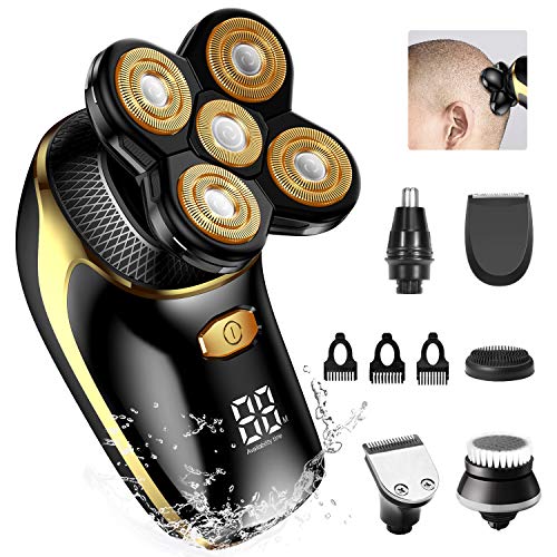 Electric Head Shavers for Men, OriHea 6-in-1 Electric Shaver & Grooming Kit, Cordless and Rechargeable Wet/Dry 5 Head 5D Rotary Shaver with Clippers Nose Hair Trimmer - Gold