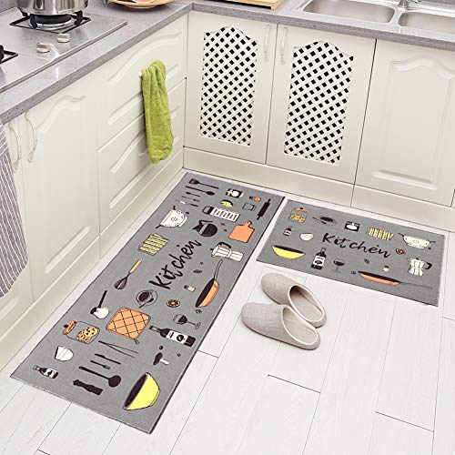 Carvapet 2 Piece Non-Slip Kitchen Rug TPR Non-Skid Backing Mat for Doorway Bathroom Runner Rug Set, Grey Kitchen Design (17'x48'+17'x24')
