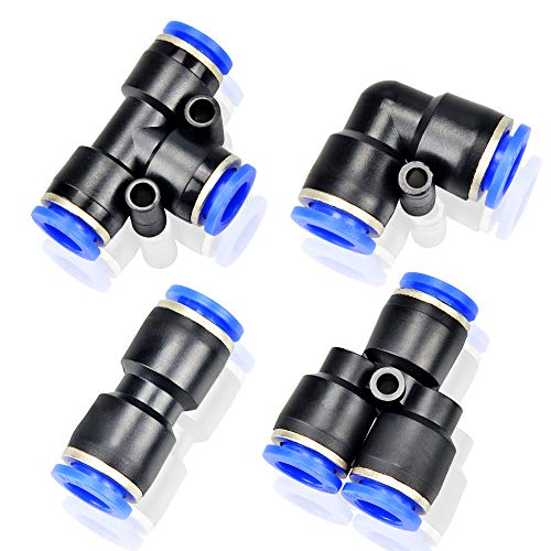 Tailonz Pneumatic 1/4 Inch od Push to Connect Fittings Pneumatic Fittings Kit 10 Spliters+10 Elbows+10 tee+10 Straight (40 pcs)