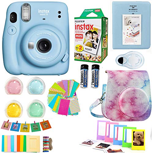 Fujifilm Instax Mini 11 Blue Camera + Fuji Instant Instax Film (20 Sheets) Includes Colorful Case + Assorted Frames + Photo Album + 4 Color Filters and More Accessories Bundle