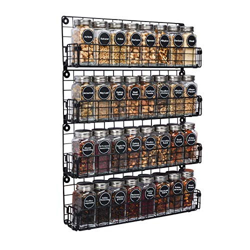 Spice Rack Organizer Wall Mounted 4-Tier Stackable Black Iron Wire Hanging Spice Shelf Storage Racks,Great for Kitchen and Pantry Storing Spices, Household Items,Bathroom and More(Patent Pending)