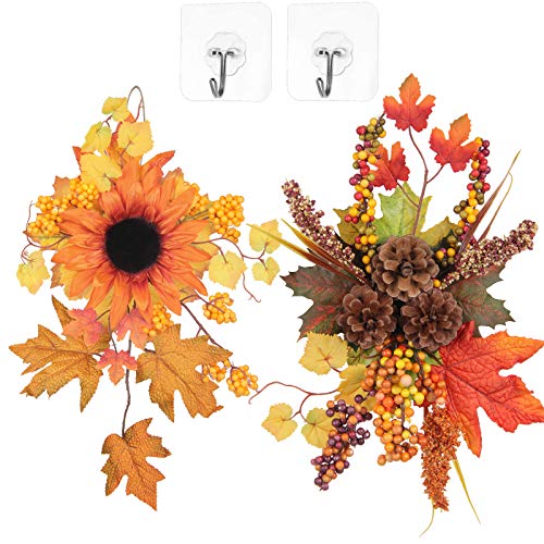 U'Artlines 2 Pack Decorative Swag Fall Harvest Maple Leaf Sunflower Berries Pine Cones Wreaths Front Door Wall Window Decor Holiday Ornaments (Sunflower/Pinecone)