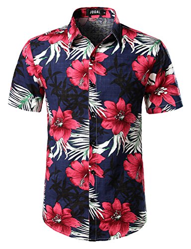 JOGAL Men's Flower Casual Button Down Short Sleeve Hawaiian Shirt X-Large Navy