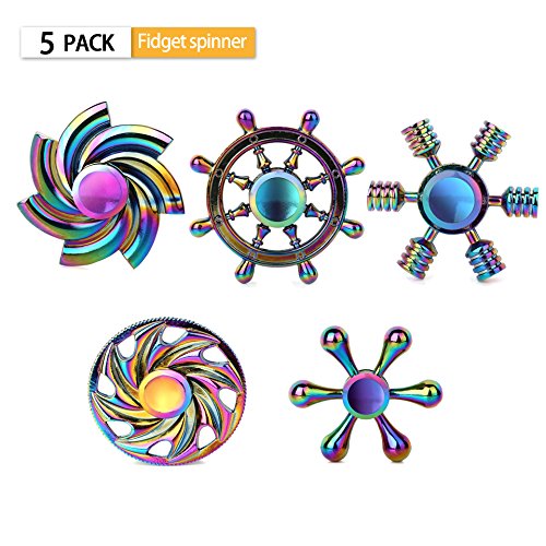 SCIONE Fidget Spinner Metal 5 Pack Stainless Steel Bearing 3-5 Min High Speed Stress Relief Spin ADHD Anxiety Toys for Adult Kid Autism Fidgets Best EDC Hand Spinners Finger Toy Focus Fidgeting