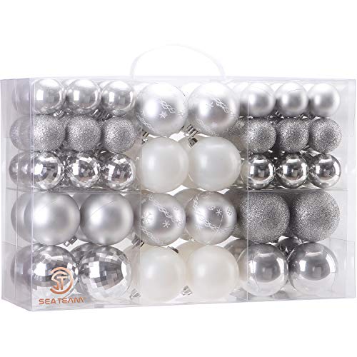 Sea Team 86 Pieces of Assorted Christmas Ball Ornaments Shatterproof Seasonal Decorative Hanging Baubles Set with Reusable Hand-held Gift Package for Holiday Xmas Tree Decorations, Silver