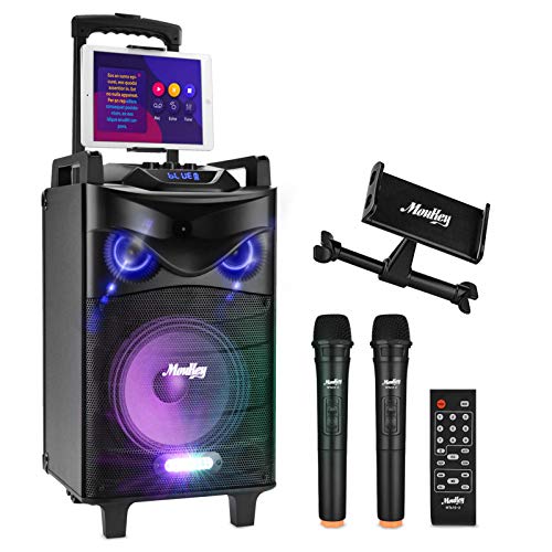 Moukey Karaoke Machine,540 Watt Peak Power Wireless Connection Karaoke Speaker System-PA Stereo with 10' Subwoofer,DJ Lights,Rechargeable Battery,2 VHF Microphone,1 Tablet Holder,Recording,MP3/USB/SD