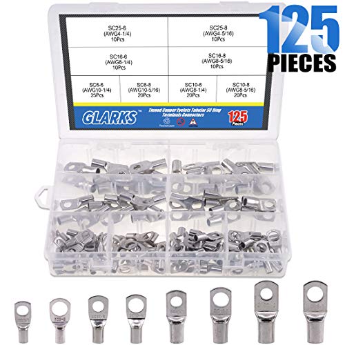 Glarks 125Pcs Marine Grade Heavy Duty Tinned Copper Wire Lugs Battery Cable Ends Eyelets SC Ring Terminal Connectors Assortment Kit