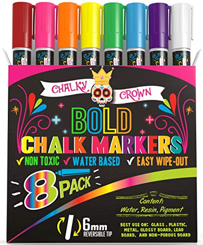 Liquid Chalk Markers - Dry Erase Marker Pens - Chalk Markers for Chalkboards, Signs, Windows, Blackboard, Glass - Reversible Tip (8 Pack) - 24 Chalkboard Labels Included (Multicolored, 6mm)