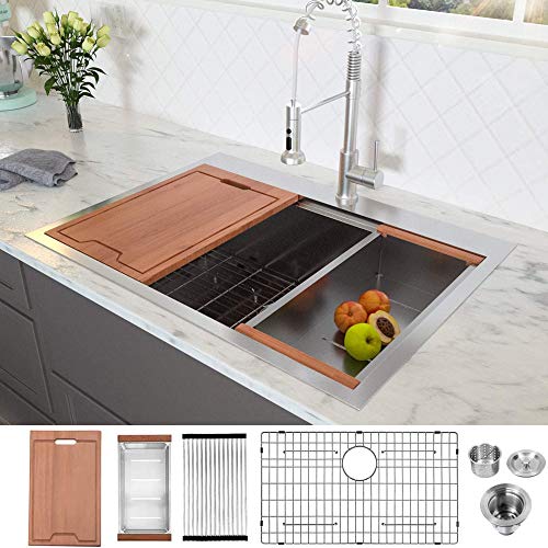 33 Drop in Kitchen Sink - Lordear 33 Inch Drop In Topmount Stainless Steel 16 Gauge Ledge Workstation Deep Single Bowl Luxury Drop Kitchen Sink Basin