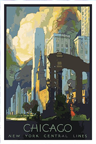 Digital Fusion Prints Chicago, New York Central Lines Rail Art Deco 1929 Gicleé Print - Premium Paper 200 Year Archival Inks - Wall Art 24' x 36” Ready-to-Frame