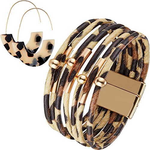 Hicarer Leopard Bracelets Leopard Tube Bracelet Multilayer Leather Cuff Bracelet and Boho Leopard Earrings for Women Girls (Beige)