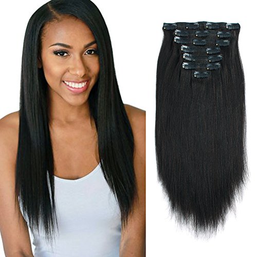 Lovrio 9A Grade Yaki Straight Real Remy Thick Hair 100% Clip in Human Extensions Natural Black Color Full Head Brazilian Virgin Hair for Black Women 7 Pieces 120g YK 16 inch
