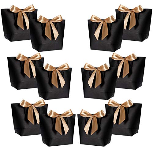 Gift Bags with Handles- WantGor 10x7.5x3inch Paper Party Favor Bag Bulk with Bow Ribbon for Birthday Wedding/Bridesmaid Celebration Present Classrooms Holiday(Matte Black, Medium- 12 Pack)