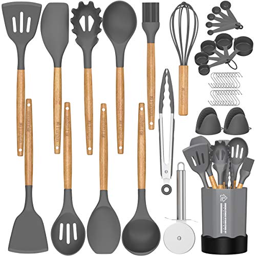 Silicone Cooking Utensil Set, 26 Pcs Kitchen Utensils Cooking Utensils Set by Fungun, Non-stick Heat Resistant Kitchen Gadgets Cookware with Natural Wooden Handle -(Gray)