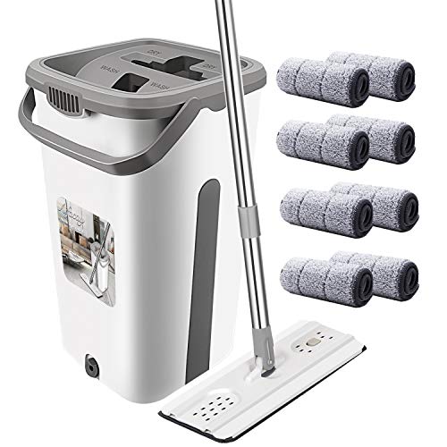 Aifacay Microfiber Mop Floor Cleaner System, Household Cleaning Flat Squeeze Mop and Bucket w/ 8 Reusable Pads Stainless Steel Handle, 360 Swivel Mop Head Self Clean Wet Mop Set for Home Kitchen