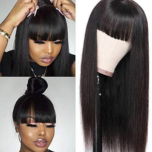 Liwihas Silky Brazilian Virgin Straight Human Hair Wigs with Bangs 130% Density None Lace Front Wigs Glueless Machine Made Wigs for Black Women Natural Color (18inch, Straight Wigs)